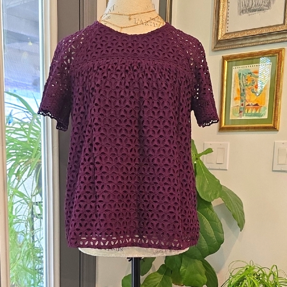 J. Crew Burgundy Boxy Eyelet Short Sleeve Blouse